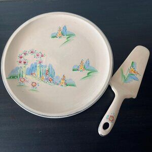 Round Mikori Ware Platter & Cake Server 11-7/8" Cake Plate Vintage 1930s